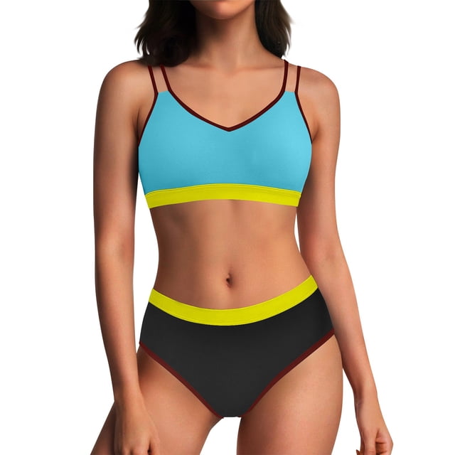 Conjunto de Bikini de Cintura Alta para Mujeres Traje de Baño de Dos Piezas de Control Del Estómago, Traje de Baño de Bloque de Color con Almohadillas Extraíbles