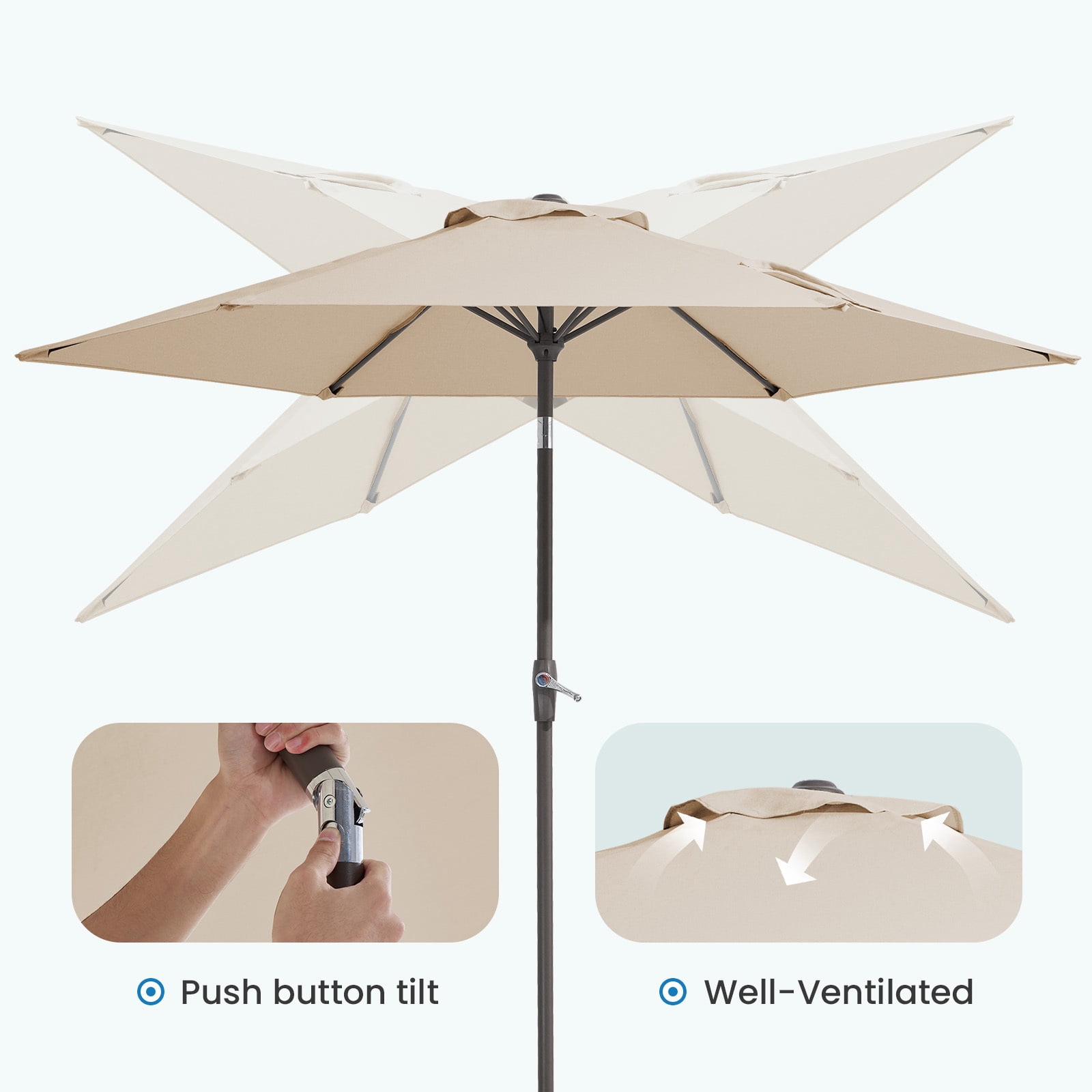FUNDAZE 7.5' Outdoor Market Patio Umbrella with Push Button Tilt & Crank Lift, UV-Resistant Canopy for Garden, Backyard, Deck, Pool & Patio Dining, Beige