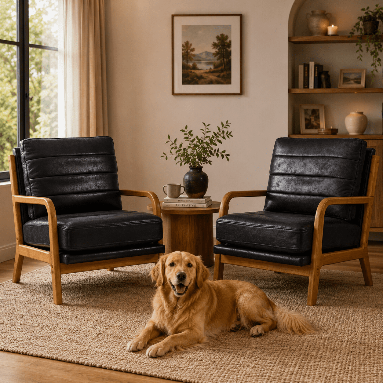 Homy Casa Mid-Century Accent Chair, Upholstered Lounge Reading Chair with Wood Frame, Black