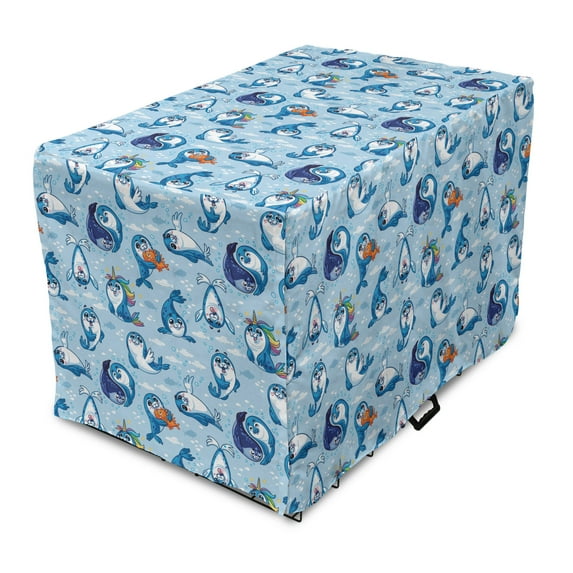 Sea Animals Dog Crate Cover, Seal Pup Aquatic Wildlife Friendly Hugging Water Bubbles, Easy to Use Pet Kennel Cover Small Dogs Puppies Kittens, 7 Sizes, Blue White Marigold, by Ambesonne