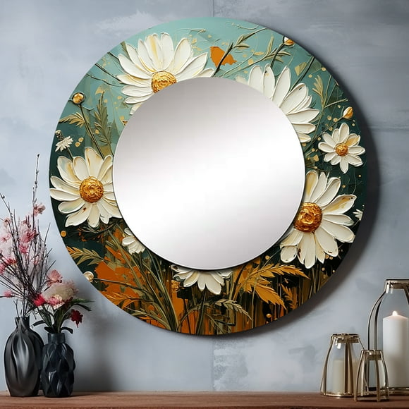 Designart « White And Teal Daisy Charm II » Daisies Miroir Rond pour Déco Murale - Grand Miroir Rond Imprimé Blanc - Miroir Rond Traditionnel 36 Pouces x 36 Pouces Inch