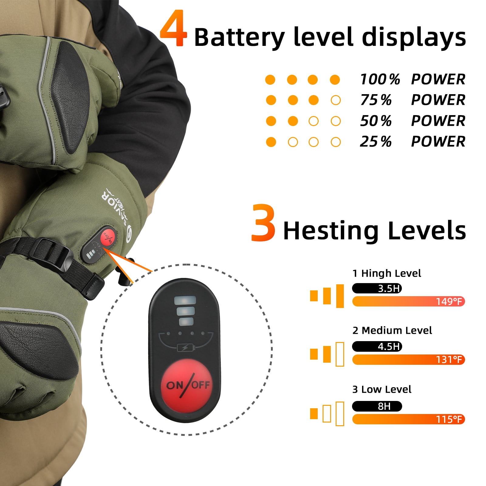 SAVIOR HEAT Heated Ski Gloves - 7.4V 3000mAh Battery, 10H Warmth, Waterproof, Goatskin Palm, for Winter Outdoor Skiing & Snowboarding