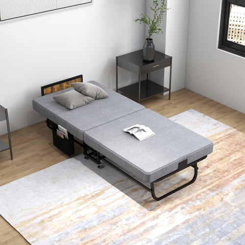 78" Heavy-Duty Rollaway Folding Bed with 3" Memory Foam Mattress, USB Charging Headboard, Side Pocket & Lockable Wheels – Portable Guest Bed for Home, Office & Camping