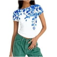 thumbnail image 6 of XUNKUSGA Tops for Women Fashion Floral Crew Neck Slim Fit Blouses for Women Casual Basic women's t-shirts Classic Summer Stretchy Short Sleeve Tops for Women S-3XL Blue, 6 of 7