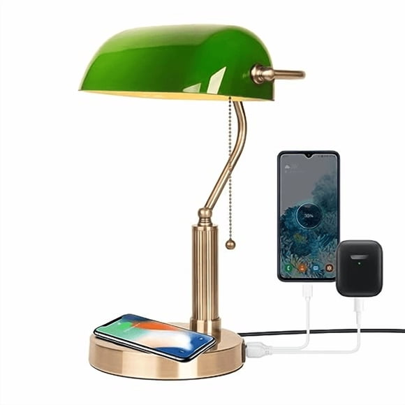 Bankers Lamp with2 USB and Wireless Charging Port，Pull Chain Switch Green Glass Desk Lamp， E26 Base,Traditional Library Desk Lamps for Home Office,Bedroom,Piano