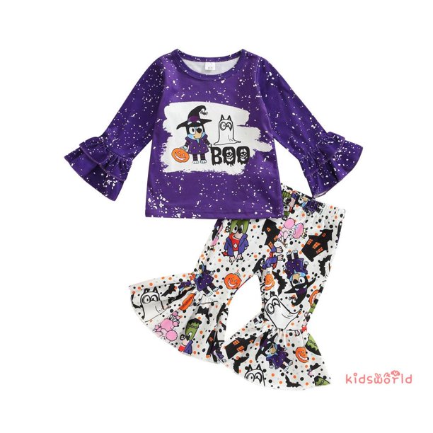 KidsW-Toddler Girl Halloween Outfits , Dibujos Animados Patrón De Manga Larga Volantes Decoración Camiseta + Cintura Elástica Llamarada Pantalones Largos Conjunto