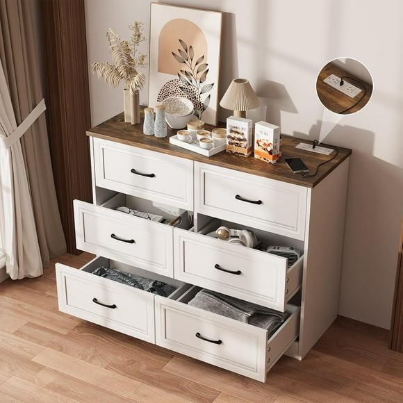 VEANERWOOD Commode à 6 Tiroirs avec Station de Recharge pour Chambre, Commode en Bois, Style Ferme