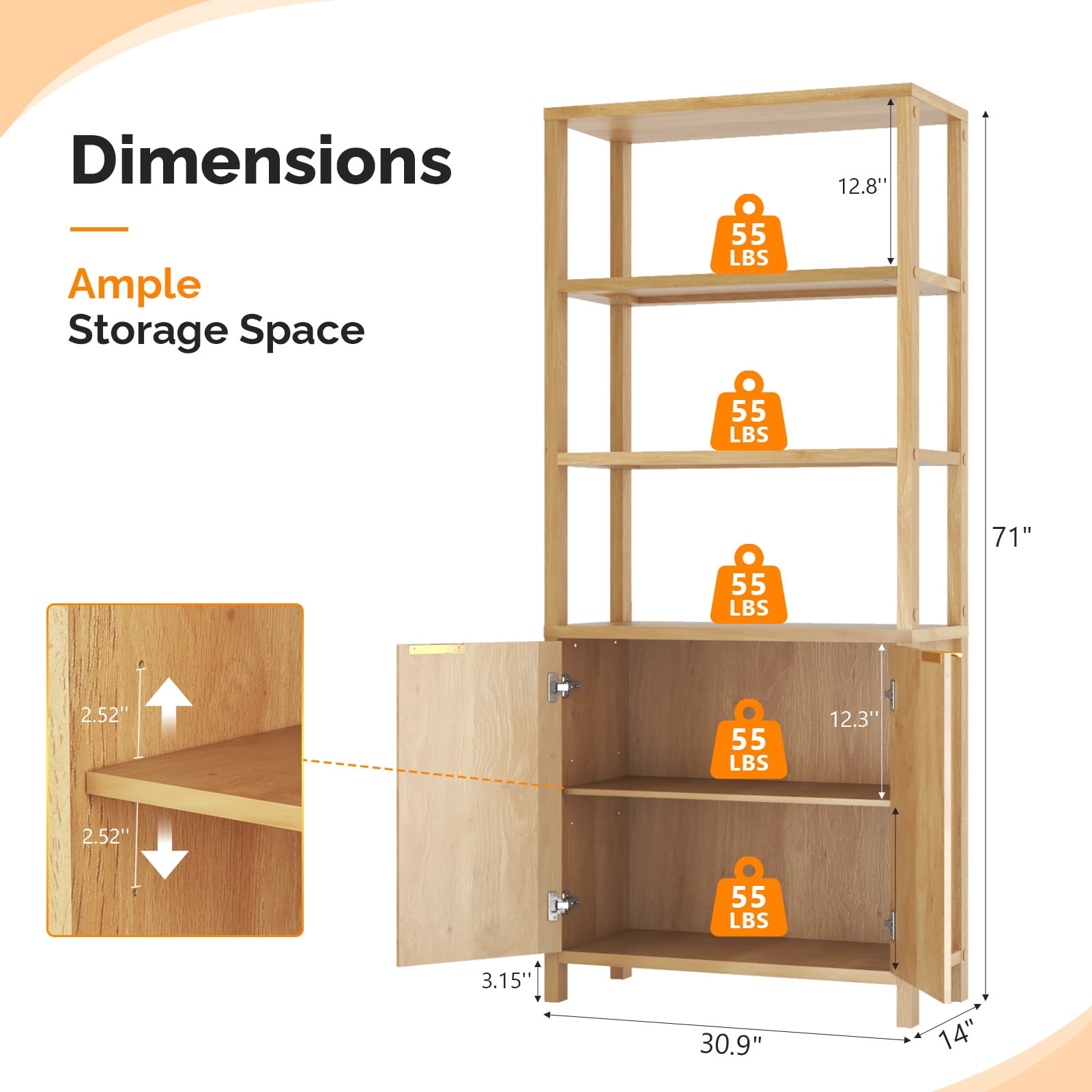 Ktaxon Fluted 6-Tier Bookshelf, 71" Modern Sturdy Bookcase with Storage Cabinet, Oak