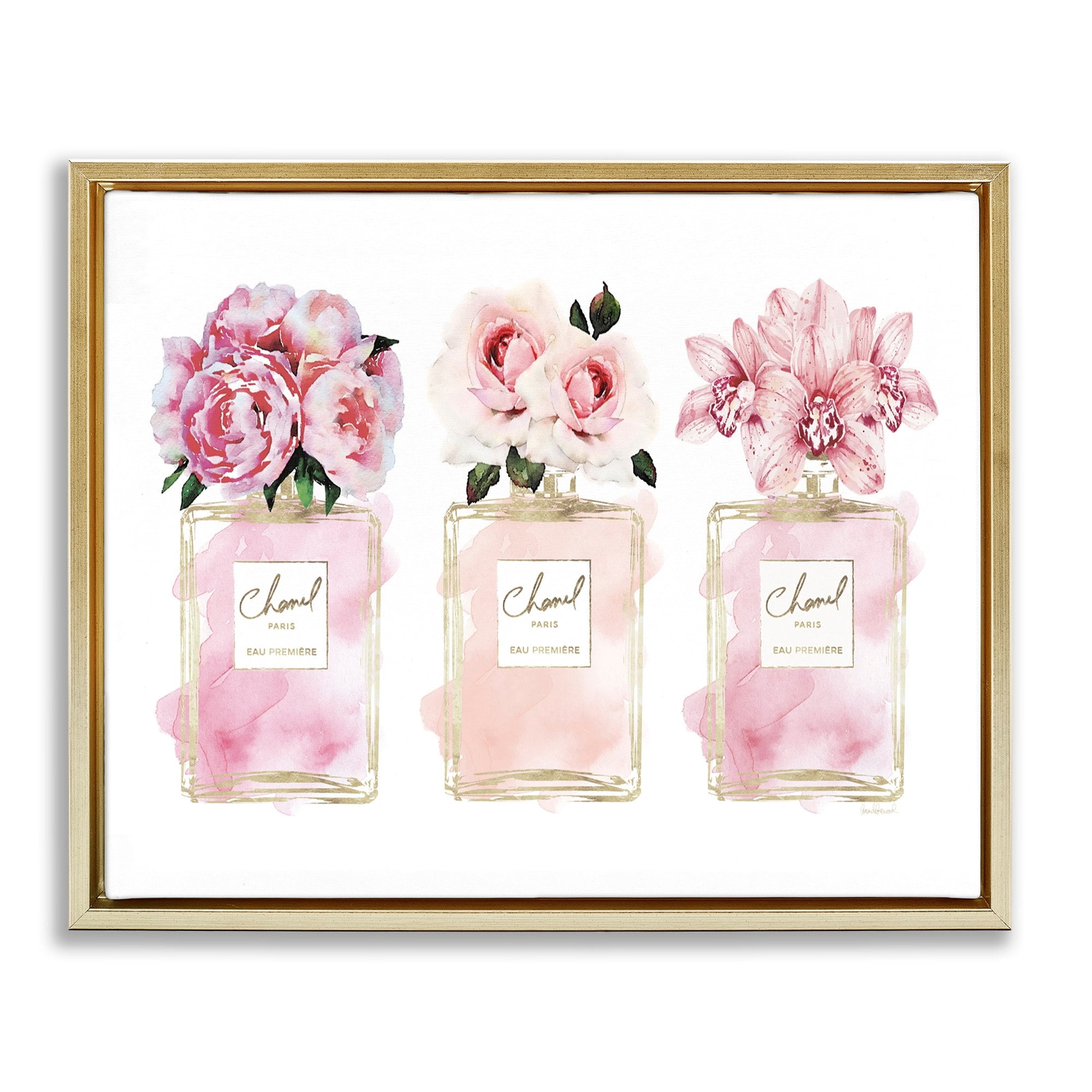 Stupell Industries Pink Flowers And Perfumes Glam Fashion Watercolor Design Metallic Gold Framed Floating Canvas Wall Art, 16x20, by Amanda Greenwood