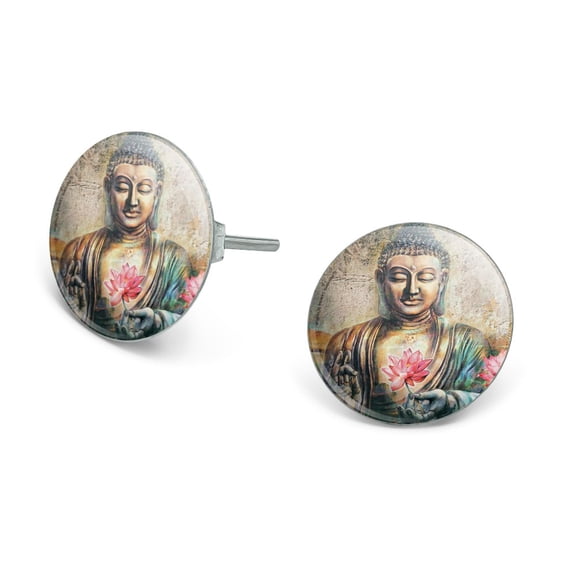 Buddha Pink Lotus Flowers Serenity Novelty Silver Plated Stud Earrings
