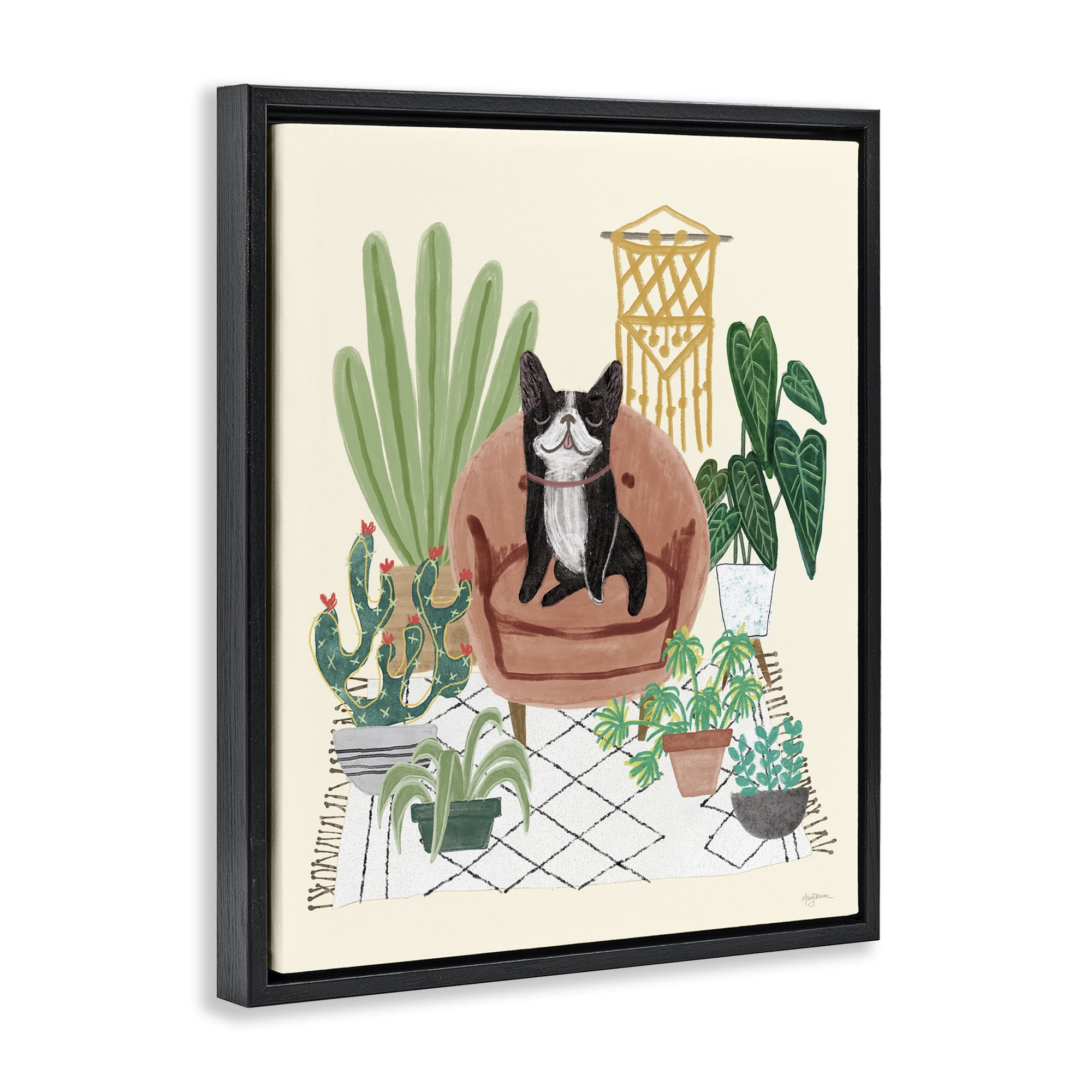 Stupell Industries French Bulldog & Plants Animals & Insects Painting Black Floater Framed Canvas Art Print Wall Art, 17 x 21