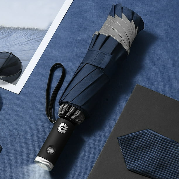 Paraguas UV totalmente automático, reverso de 10 varillas con luz LED para días de sol o lluvia