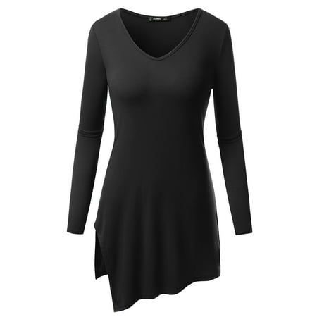 Length Cut Out - Thanth Womens V-Neck Cut Out Hem Long Length Loose Fit Tunic