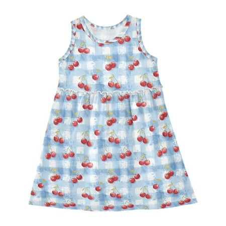 Girls Dress Cherry Sleeveless Dress for Girls Hem A-Line Casual Sundress