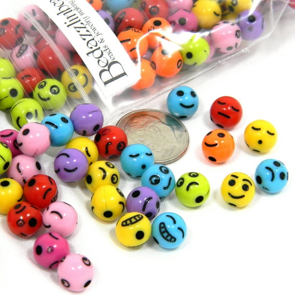 100 Assorted Opaque Color 8mm Round Smiley, Sad, Happy, Mad Emotion Face Plastic Acrylic Mixed Expression Beads