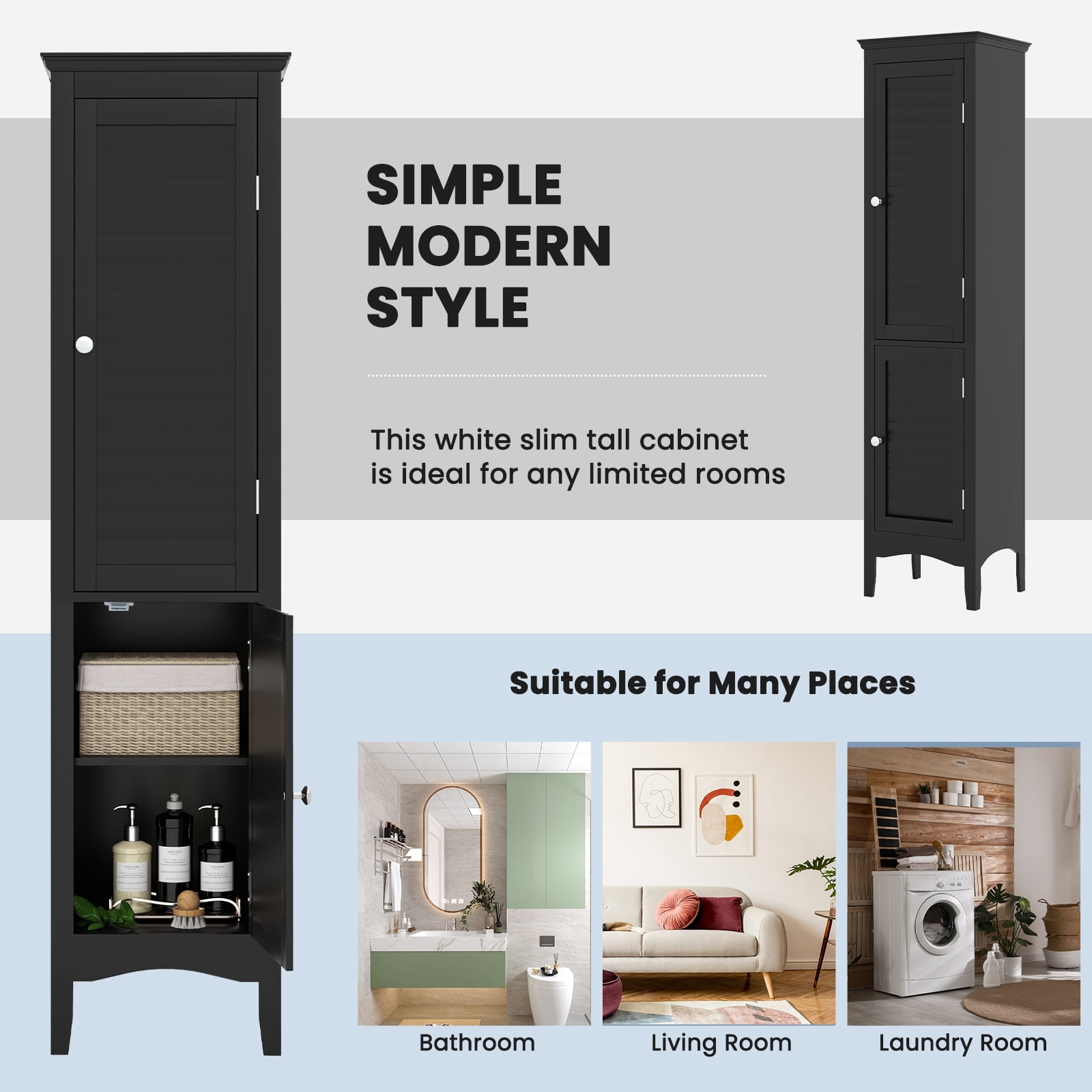 Patiojoy Freestanding Bathroom Storage Cabinet Tall Narrow Storage Cabinet with 1 Adjustable Shelf 1 Drawer and 2 Doors Black