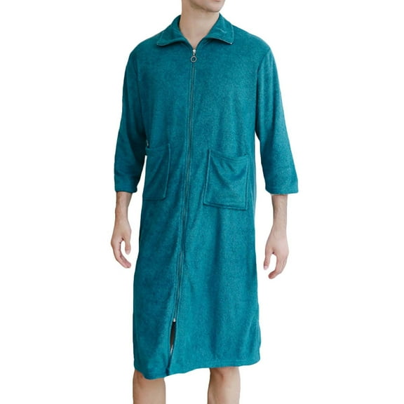 uublik Mens Fleece Robe Lightweight Soft Zipper Bathrobe Shower Spa Long Robe With Pockets Blue