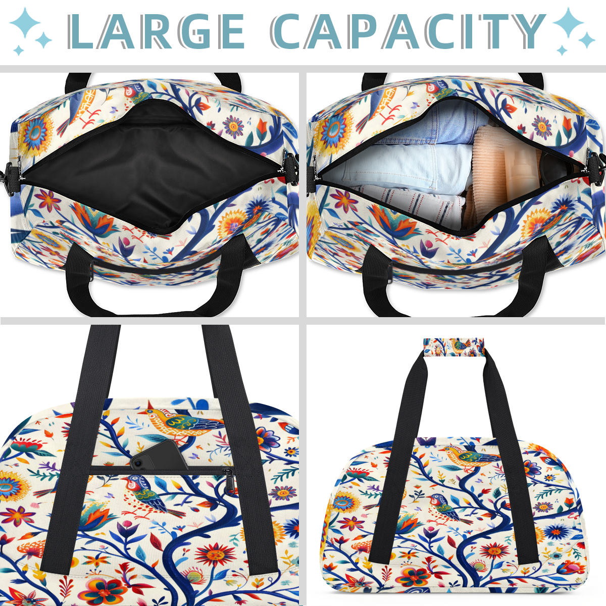 Herdesigns Sports Duffle Bags Travel Duffle Bag Gym Bag Mexico Floral Ethnic Bird Weekender Travel Bag Waterproof Overnight Bag Carry On Travel Tote Bag Dance Bags
