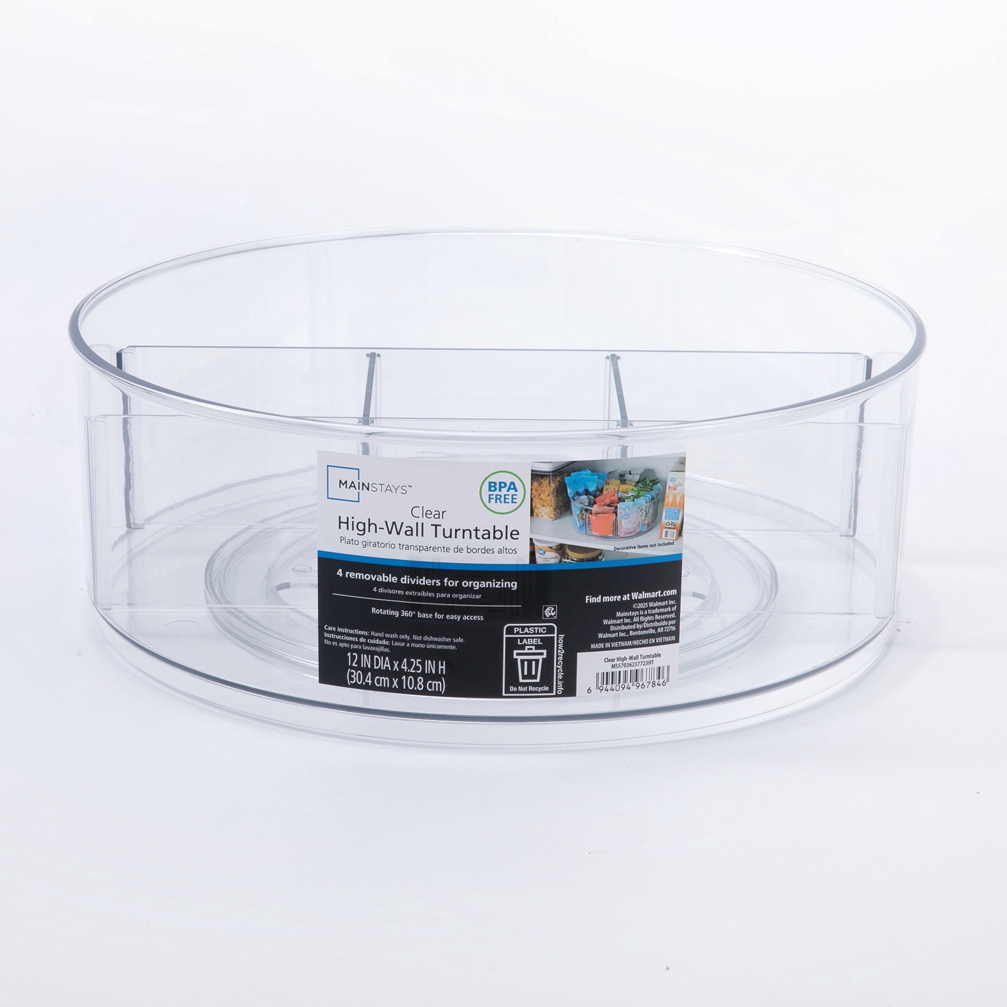 Mainstays High Wall 12-inch Clear Lazy Susan Turntable Organizer