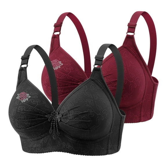 purcolt 2 Pack Women's Plus Size No Underwire Bras Flowers Embroidery Soft Push Up Wireless Bras Casual Supportive Comfort Tshirt Bralettes