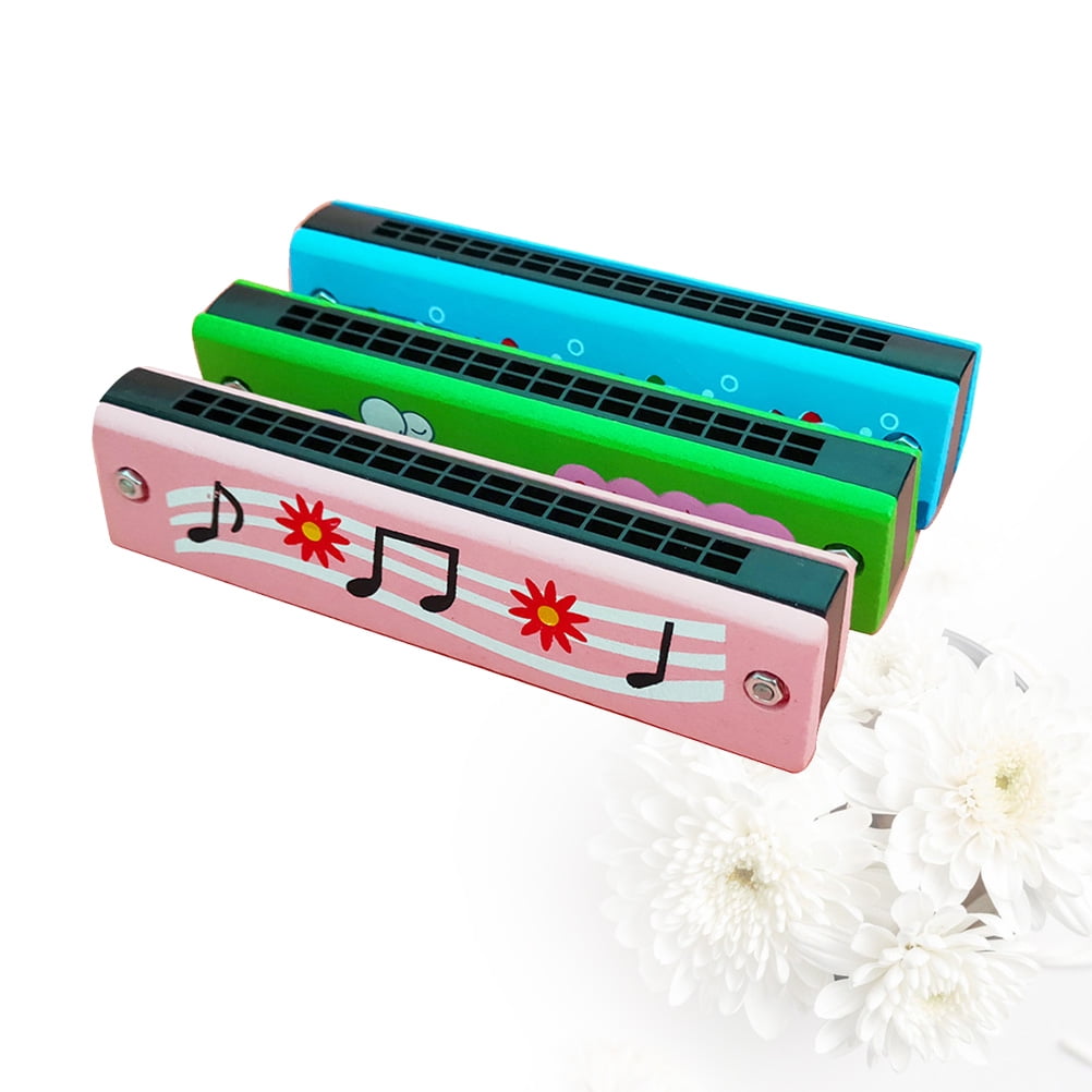 NUOLUX 3pcs Double Row Harmonica Toy Cartoon Wood Harmonica Toy 16