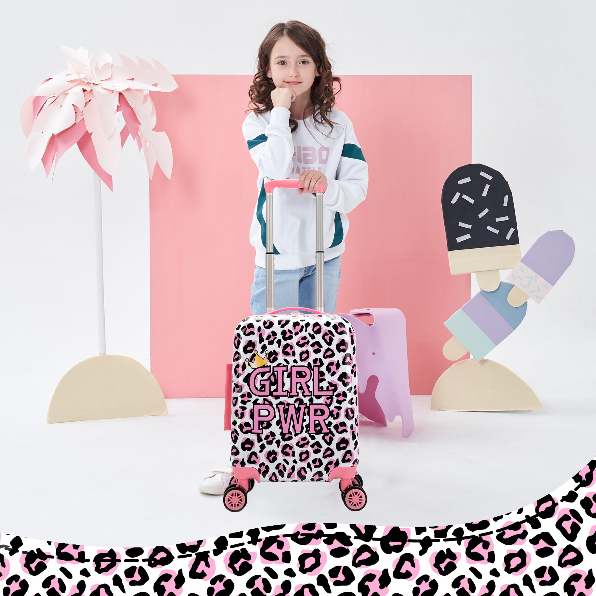 Kids Carry on Luggage Sets with Travel Pillow for Girls Suitcases with Wheels Hardshell Pink Suitcase Airline Approved 16 Inch