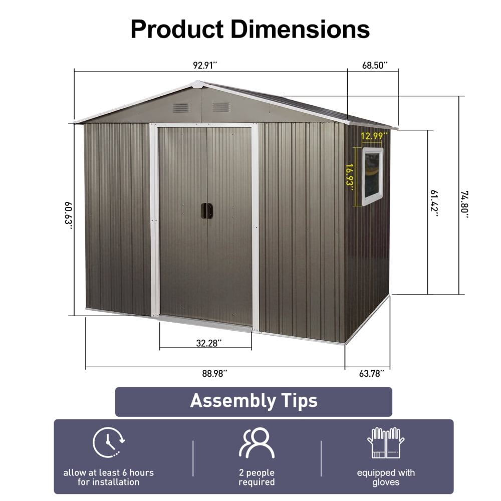 Ventilated 8x6 FT Outdoor Tool Shed - Features Window, Sliding Doors with Padlock & Galvanized Steel Construction