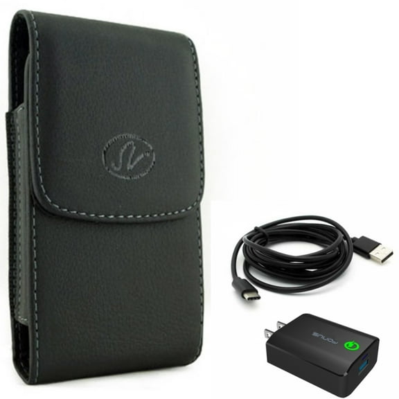 18W Fast Home Charger w Leather Case Belt Clip for Samsung Galaxy A53 5G,A33 5G Phones - 6ft USB Cable Type-C Turbo Charge Travel, Holster Cover Pouch Vertical