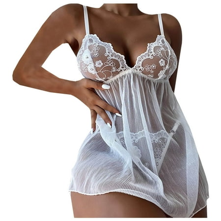 

Floleo Clearance Women White Sling Transparent Sexy Mesh Lace Print Nightdress Sexy Lingerie Deals