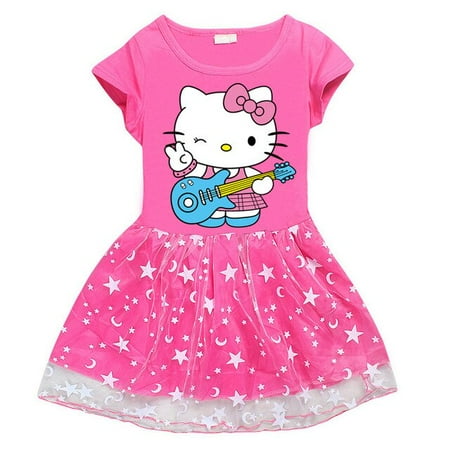 

Hello Kitty Children‘s Clothing Pure Cotton Fashion Princess Skirt Girls Cartoon Printed Net Yarn Short-Sleeved Pleated Dress