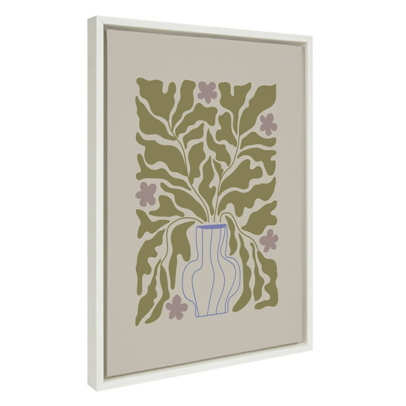 Kate and Laurel Sylvie Colorful Abstract Retro Floral Blue Vase Framed Canvas Wall Art by The Creative Bunch Studio, 18x24 White, Modern Abstract Greenery Vase with Contemporary Floral Art