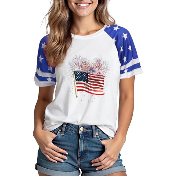 Cmfcve Women's Summer Graphic Tees Round Neck Plunge-cut Short Sleeves Gym Blouse Vintage Solid Color Independence Day Tunics