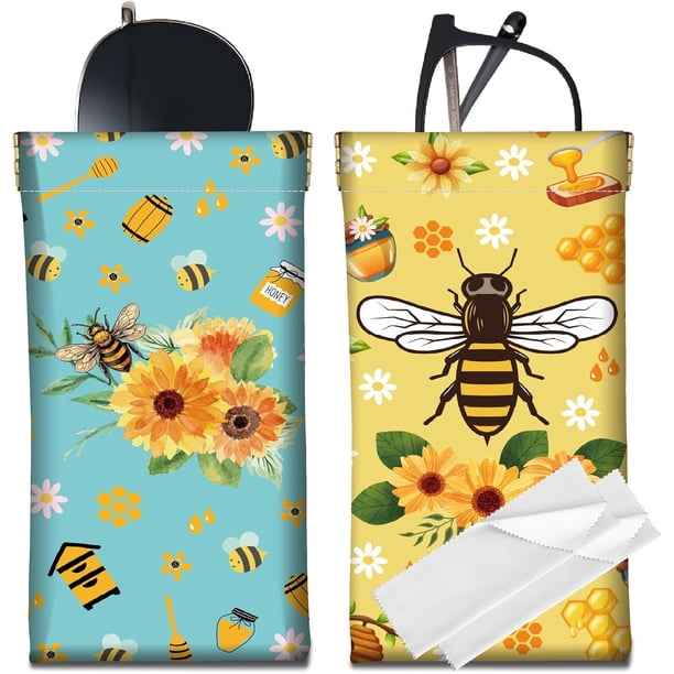 Estuche de cuero para gafas de sol, 2 unidades, portátil, delgado, con diseño de abeja y girasol, suave, para viaje, impermeable, con paño de limpieza, regalo