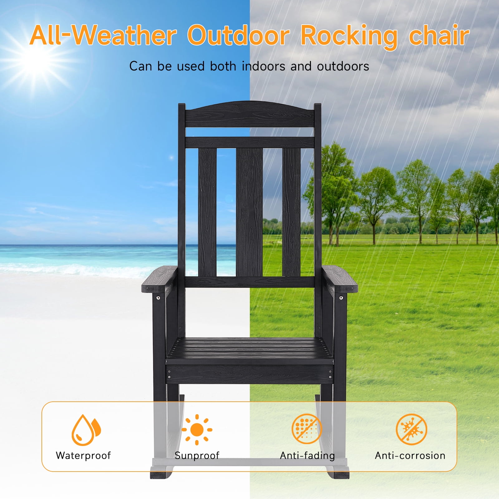 Dovov Outdoor Rocking Chair, All Weather Porch Rocker HDPS Patio Rocking Adirondack Chair for Patio Garden Lawn Balcony Porch Backyard Deck