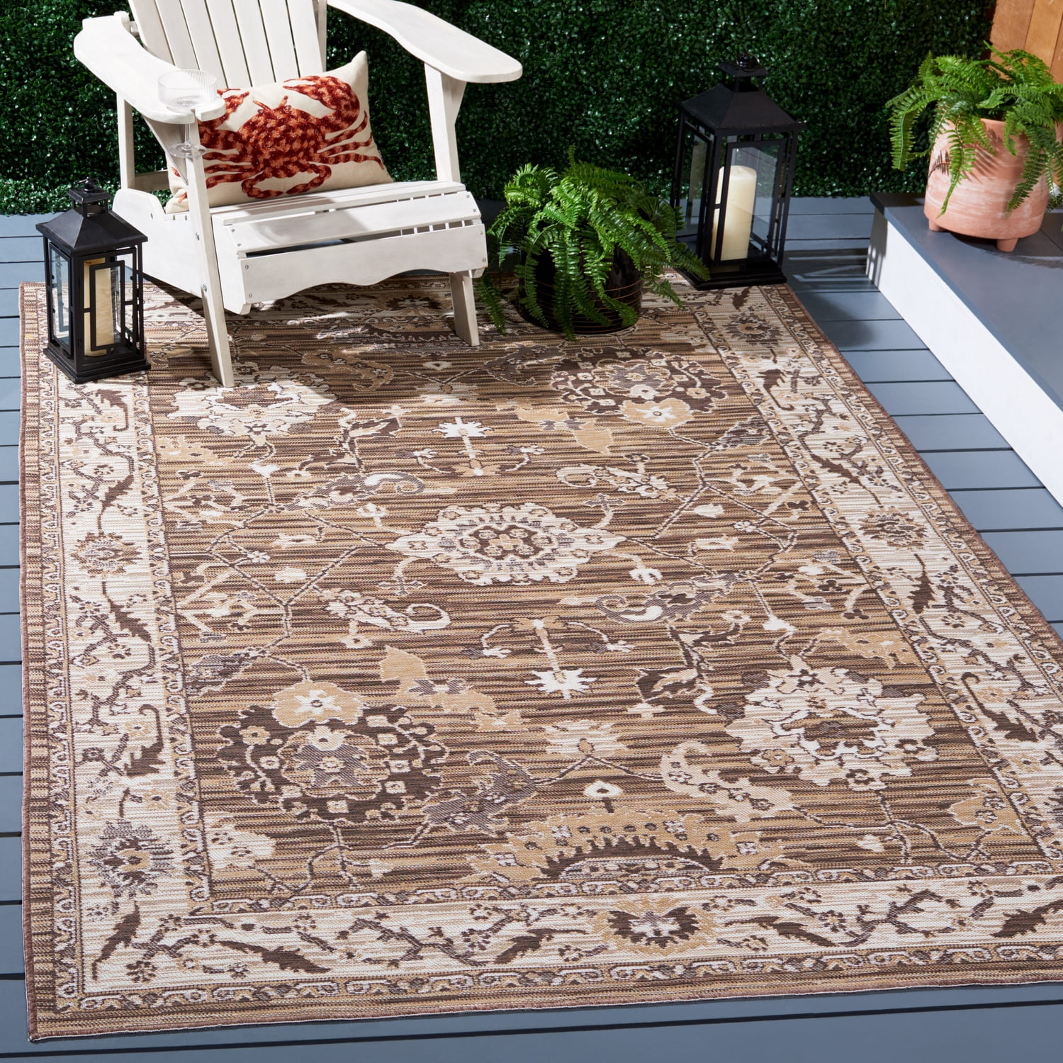 SAFAVIEH Sunrise Joanna Floral Reversible Indoor/Outdoor Area Rug, Grey/Beige Black, 4' x 5'7"