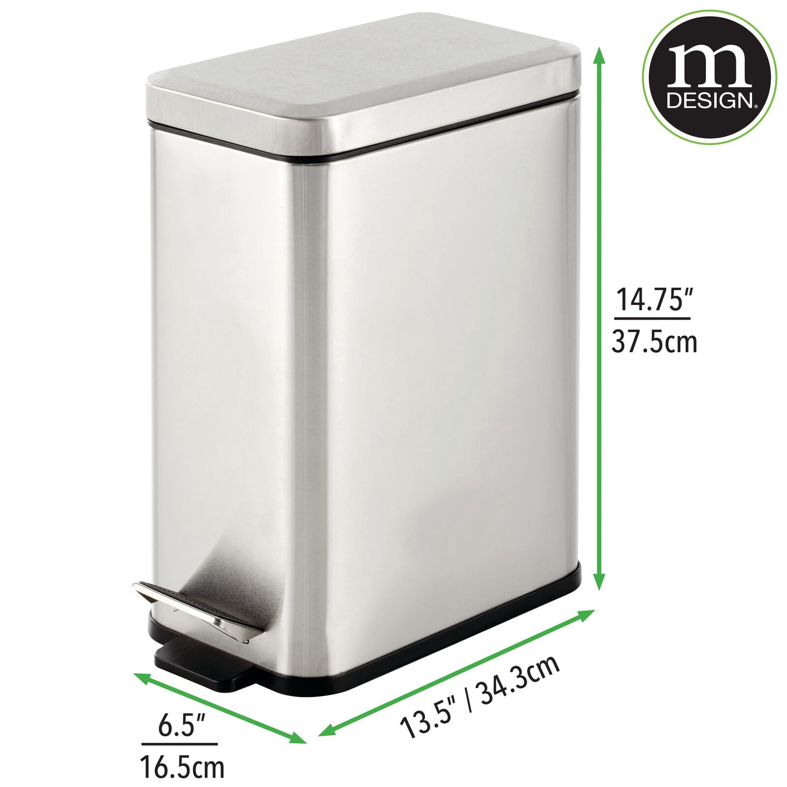 mDesign Slim Metal 2.6 Gallon Step Trash Can, Lid/Liner Bucket, Brushed Chrome