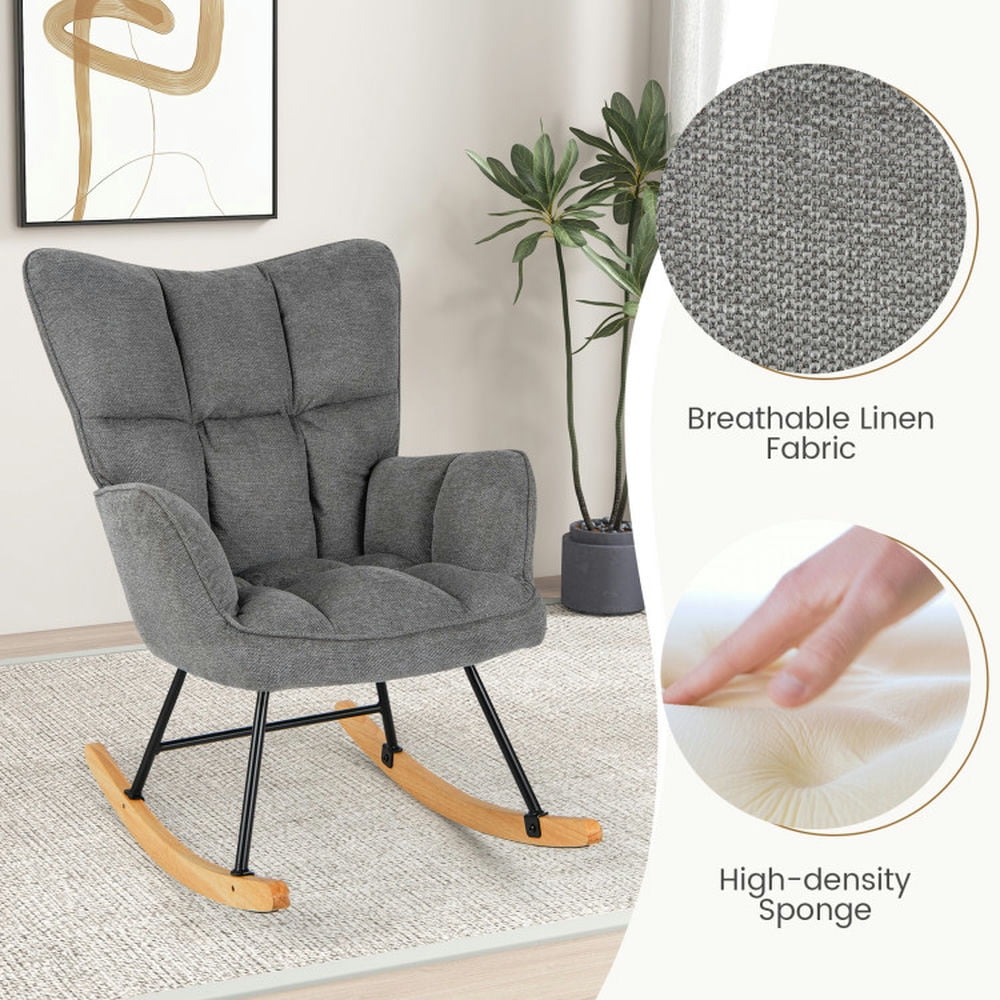 Finihen Rocking Chair, Modern Rocking Accent Chair, Linen Nursery Rocking Chair with High Backrest and Padded Armrests, for Living Room, Bedroom, Dorm, Gray