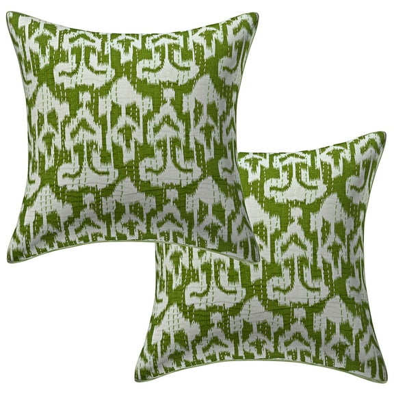 Stylo Culture Ethnic Sofa Throw Pillow Covers 16x16 Kantha Parrot Green Printed 40x40 cm Bedroom Decor Pillowcase Cotton Ikat Square Cushion Covers | Set Of 2