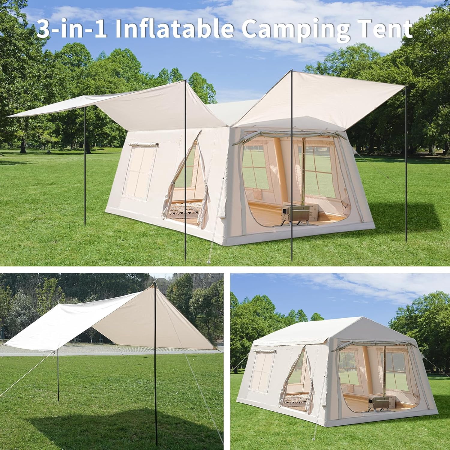 Zikebtuy 2/6/8 Person Inflatable Camping Tent, Easy Setup Blow Up Air Tent with Hand Pump, Waterproof 4-Season Glamping Tent with Large Mesh Windows & Oversized Canopy for Couples, Group & Family