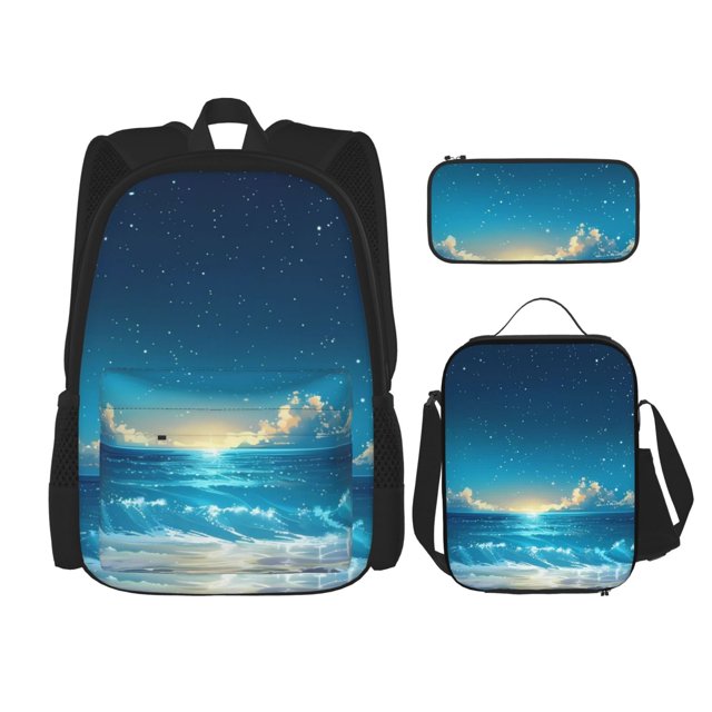 Disketp Night Sky Beach Scene Mochila Estampada de Gran Capacidad con Lonchera y Estuche, Set de 3 Piezas para Estudiantes