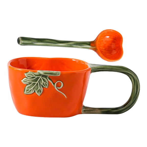 1 Set Clearance Under $10 Halloween Mug Set With Spoon Pumpkin Mug Ceramics For Dinner Table Serving Warm Drinks In Orange Mug Orange Pumpkin Mug Set (F)