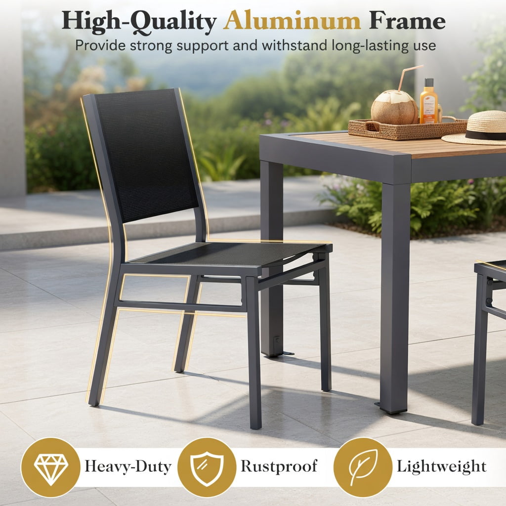 Hommoo Outdoor Dining Chair Breathable Mesh Back & Seat, Lightweight Aluminum Frame, Patio Chair for Backyard, Porch, Poolside or Indoor Use, Black