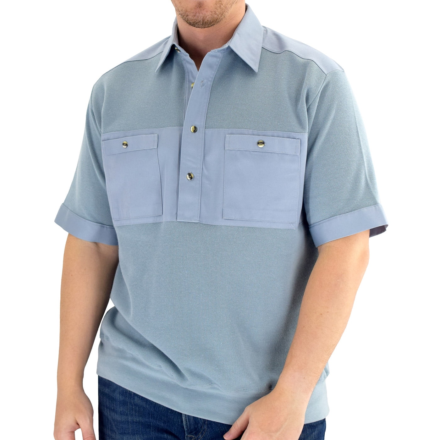Banded Solid Knit Banded Bottom Shirt Woven Chest Panel with Two Pockets