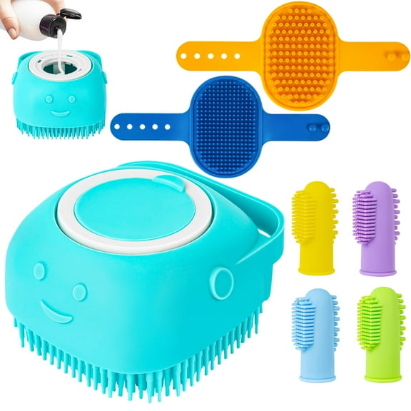 Ponpon 7PCS Dog Bathing Brush and Toothbrush Set, Dog Scrubber Dog Shampoo Brush with Adjustable Ring Handle, Dog Shower Brush for Long Short Hair Dog