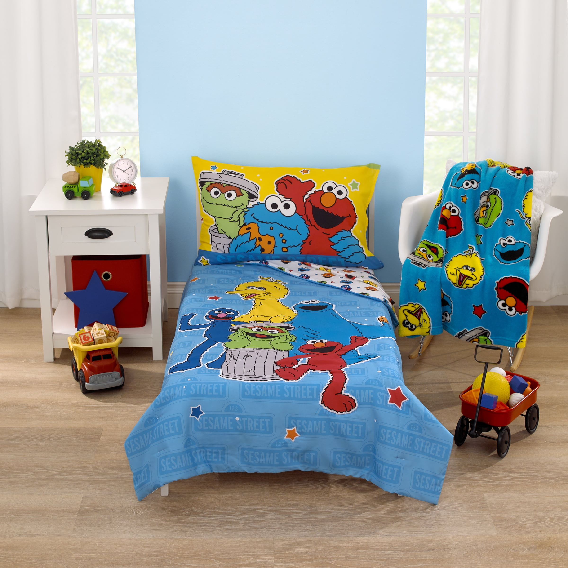 Sesame Street Come And Play 4 Piece Toddler Bedding Set, Blue, Green ...