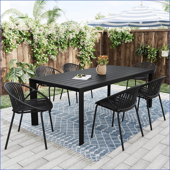 Patio Dining Set, 7-Piece Modern Outdoor Set with Polypropylene Stackable Chairs | Aluminum, Black