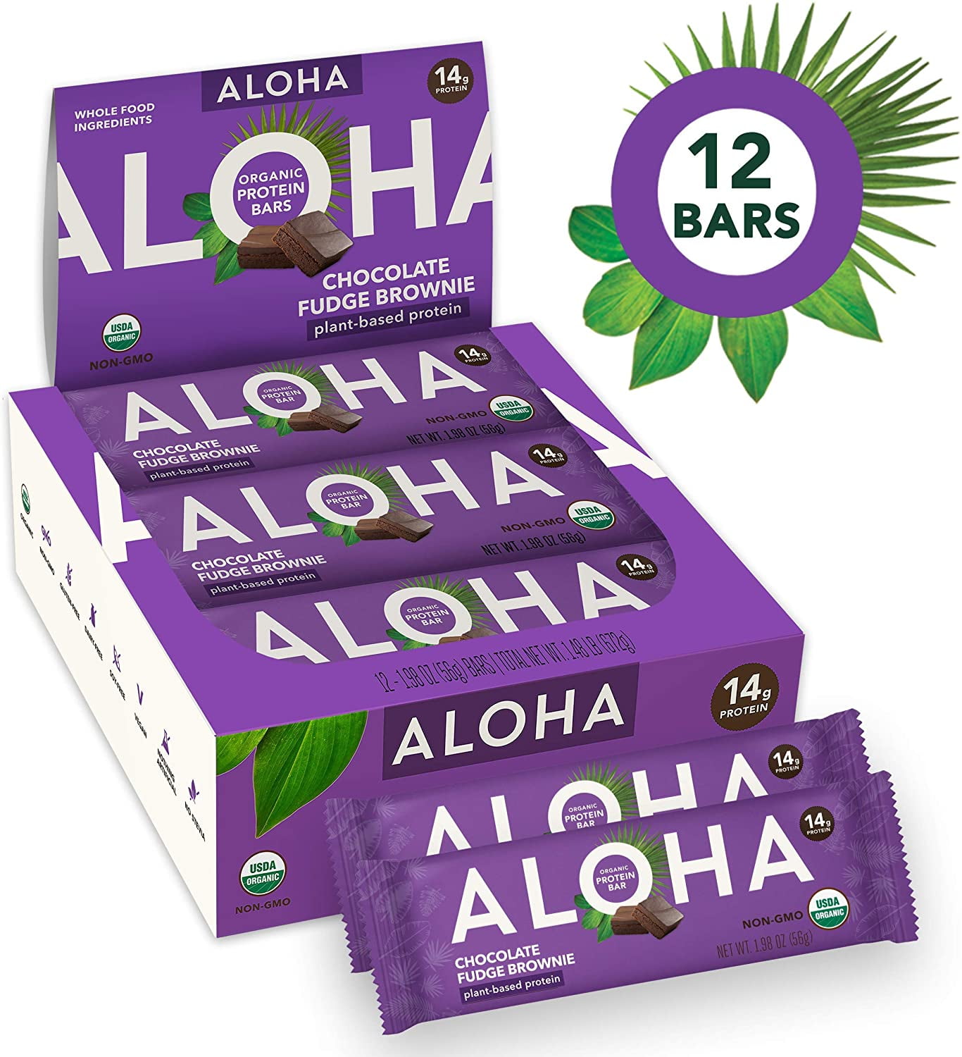 ALOHA Organic Plant Based Protein Bars Chocolate Fudge Brownie 12