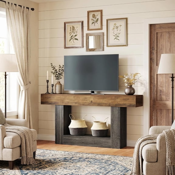 Finmind 63" TV Stand for 65" TV, Two-Tone Media Console Table, Oak & Grey