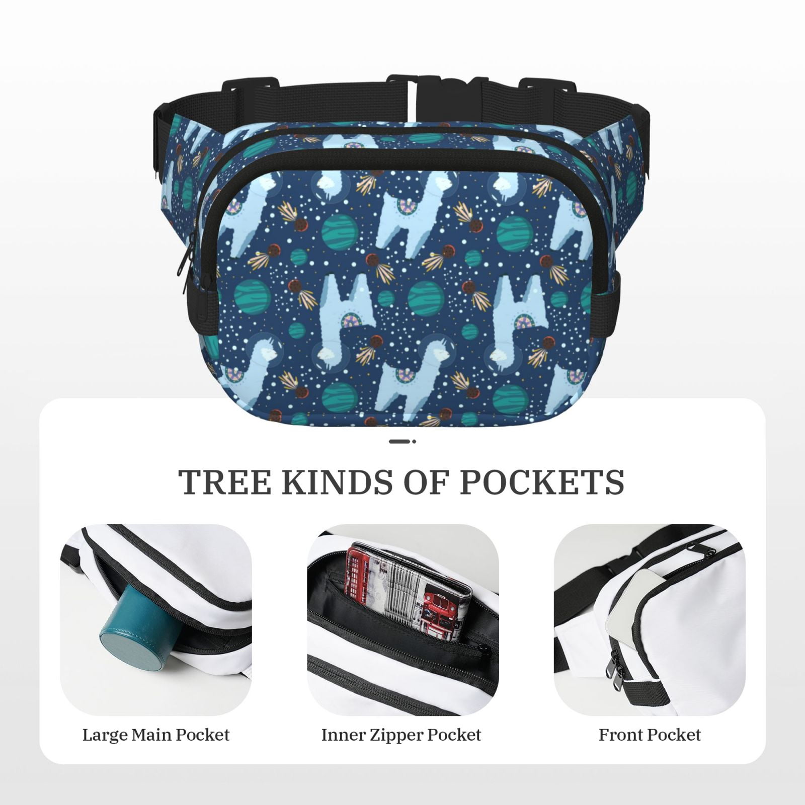 Picia Alpaca Astronaut in Space Print Square Double-Layer Waist Bag Mini Adjustable Waist Belt Bag Exercise Running Travel Hiking