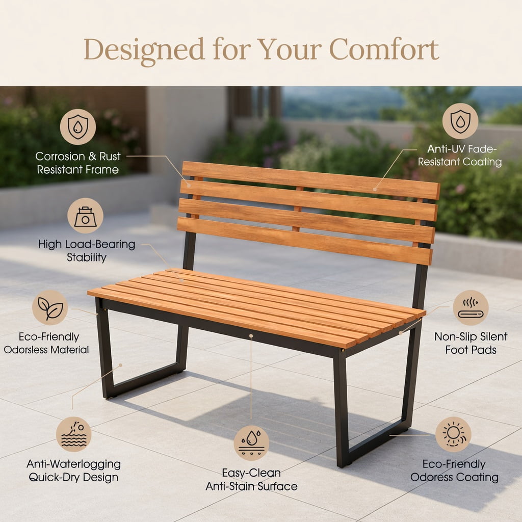 Hommoo Acacia Wood Outdoor Patio Loveseat Bench with Backrest & Heavy-Duty Steel Frame, Dual-Tone, 43" Wide, Black